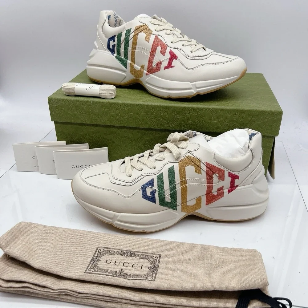 Gucci Rhyton Platform Calfskin Glitter Logo Womens Sneakers Mystic White EU 41 - Picture 3 of 16